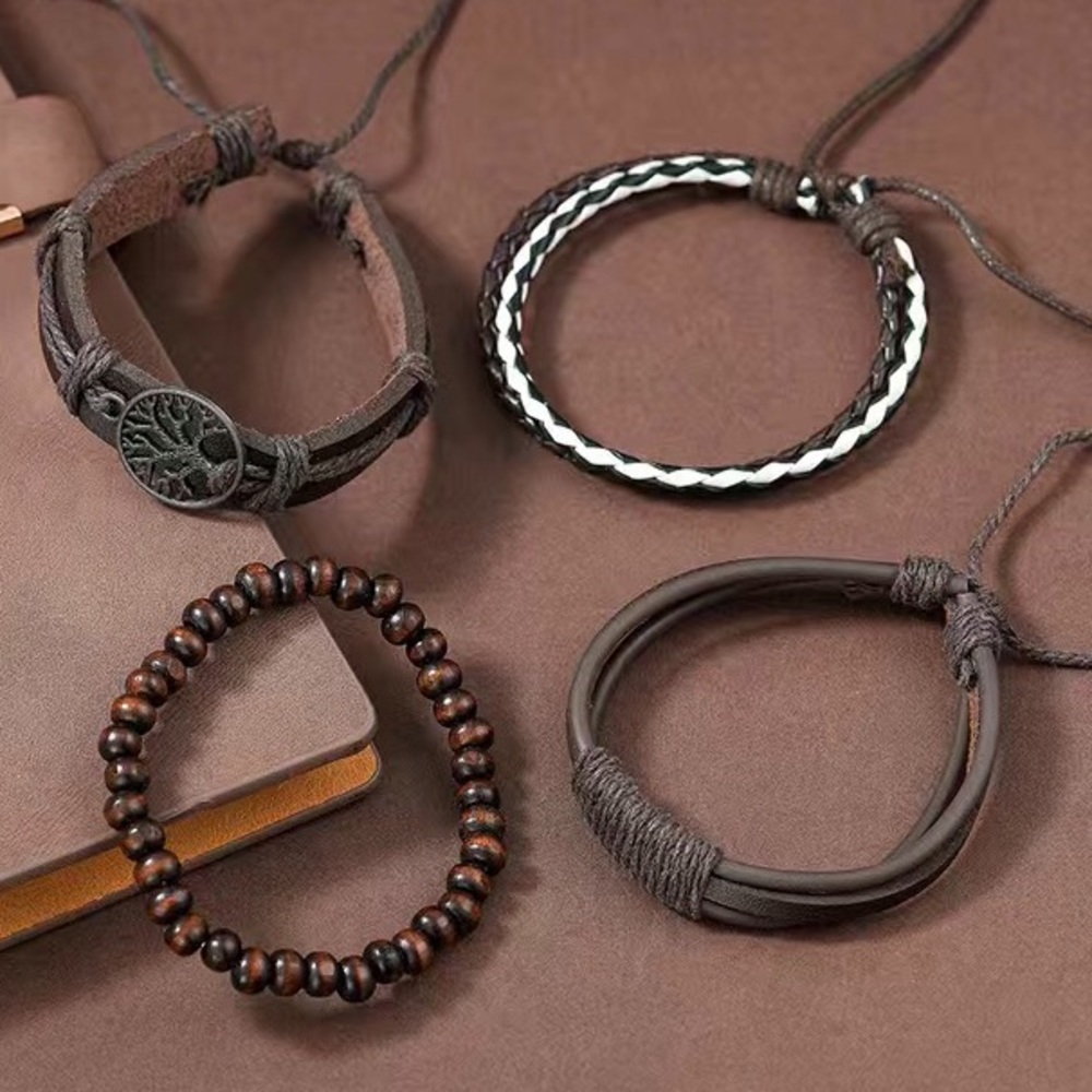 👩🏼🎤Men’s Brown Braided Wrap Leather Bracelet Set - Picture 4 of 5